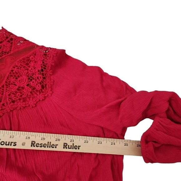 Torrid Blouse 1X Red Crinkle Gauze Crochet Detail Top‎ Longsleeve Casual - Picture 10 of 12